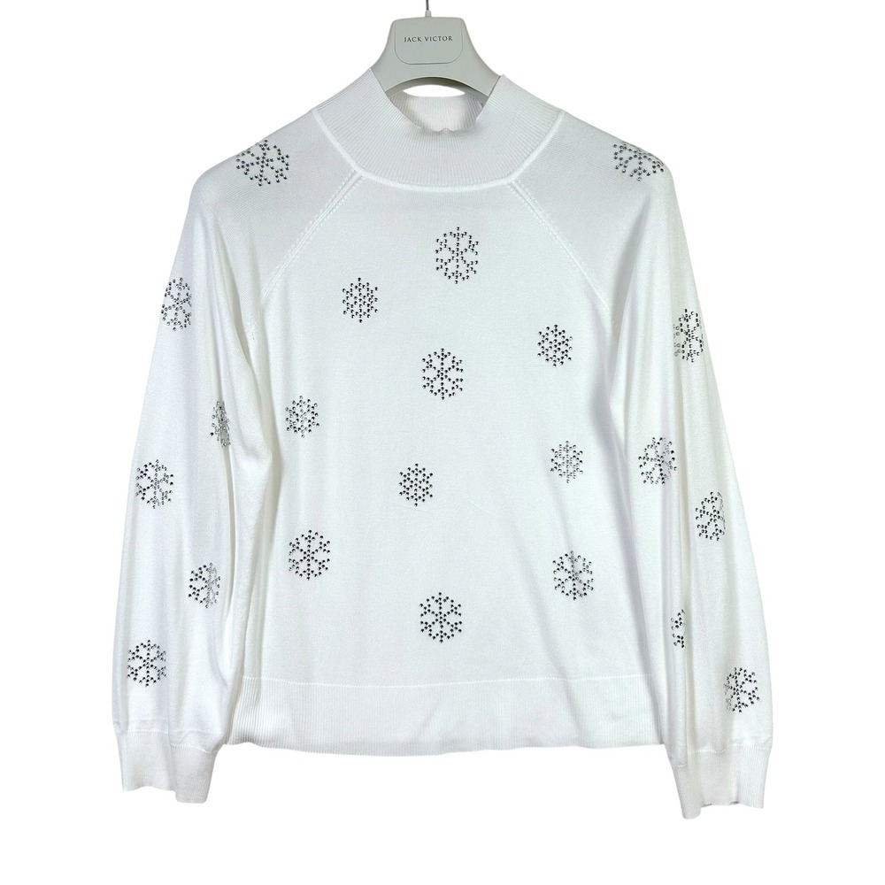 White Rhinestone Snowflake Mock Turtleneck Sweater Women XL Snow Fairy Winter‎